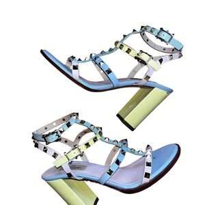 Valentino Garavani Blue, Yellow, Pink Rockstud Caged Sandal Heels w Block Heel